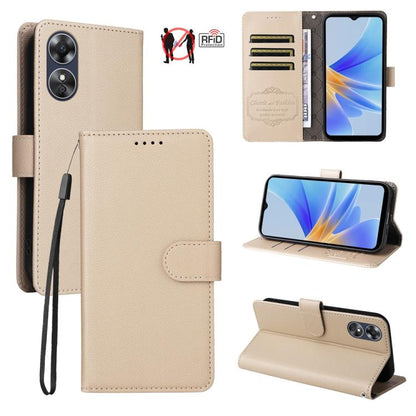Beige litchi-textured leather RFID phone wallet, shown open with card slots