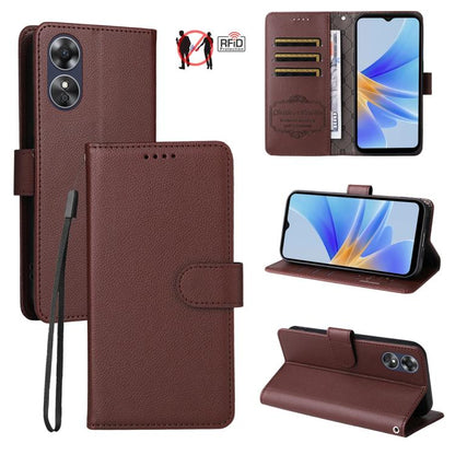 Dark brown litchi-textured leather RFID phone wallet with card slots and kickstand