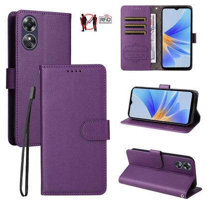 Purple litchi-textured leather RFID phone wallet with card slots and fold-out stand