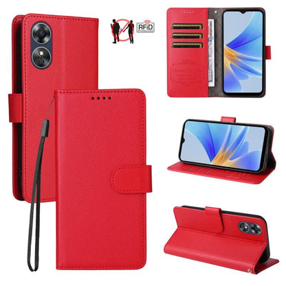Red textured leather wallet phone case with RFID card slots and magnetic closure.