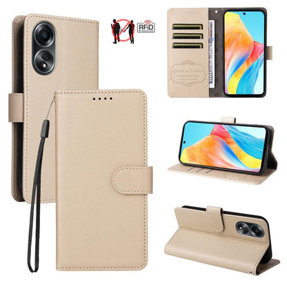 Beige litchi-textured leather RFID phone wallet with card slots and magnetic closure