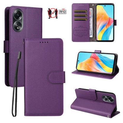 Purple litchi-textured leather RFID phone wallet with card slots, hand strap, and stand