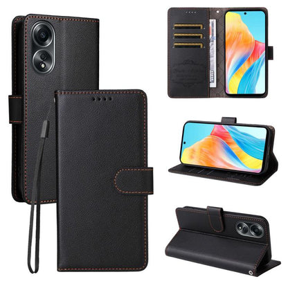 Black litchi-textured leather RFID phone wallet, shown open with card slots and stand