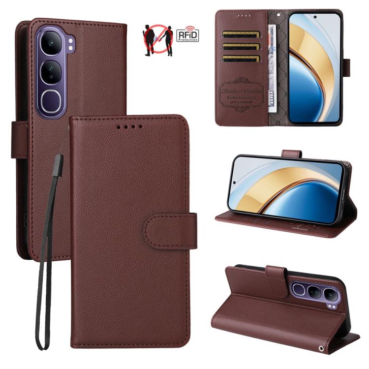 Litchi Texture RFID Blocking 3-Card Wallet Leather Phone Case, For vivo Y39 5G / vivo Y300i, For vivo Y200 India / V30 Lite 5G / V29e, For vivo V40 Lite 4G / 5G IDN / Y300 / Y200 5G, For vivo Y100 IDN / Y200e / T3 / V30 Lite ME                         ...