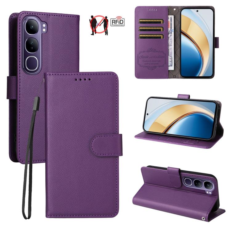 Litchi Texture RFID Blocking 3-Card Wallet Leather Phone Case, For vivo Y39 5G / vivo Y300i, For vivo Y200 India / V30 Lite 5G / V29e, For vivo V40 Lite 4G / 5G IDN / Y300 / Y200 5G, For vivo Y100 IDN / Y200e / T3 / V30 Lite ME                         ...