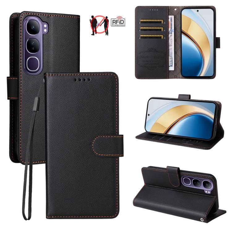 Litchi Texture RFID Blocking 3-Card Wallet Leather Phone Case, For vivo Y39 5G / vivo Y300i, For vivo Y200 India / V30 Lite 5G / V29e, For vivo V40 Lite 4G / 5G IDN / Y300 / Y200 5G, For vivo Y100 IDN / Y200e / T3 / V30 Lite ME                         ...