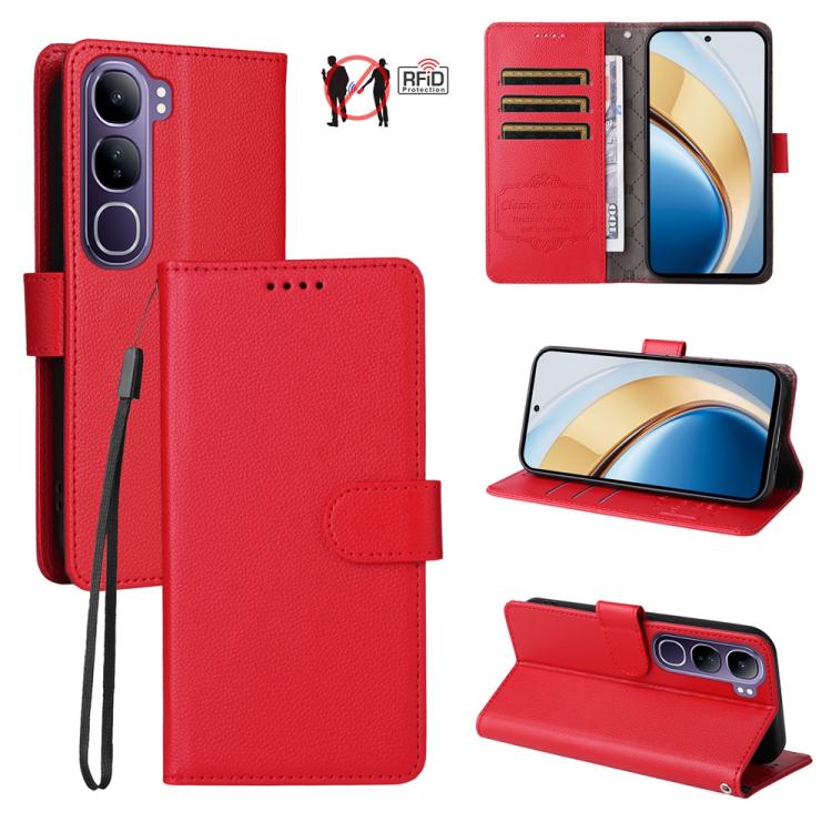 Litchi Texture RFID Blocking 3-Card Wallet Leather Phone Case, For vivo Y39 5G / vivo Y300i, For vivo Y200 India / V30 Lite 5G / V29e, For vivo V40 Lite 4G / 5G IDN / Y300 / Y200 5G, For vivo Y100 IDN / Y200e / T3 / V30 Lite ME                         ...