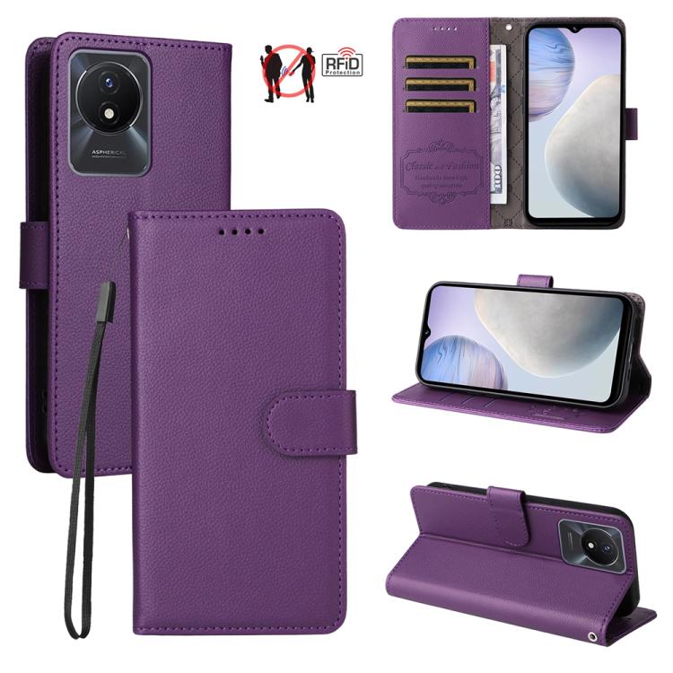 Litchi Texture RFID Blocking 3-Card Wallet Leather Phone Case, For vivo Y39 5G / vivo Y300i, For vivo Y200 India / V30 Lite 5G / V29e, For vivo V40 Lite 4G / 5G IDN / Y300 / Y200 5G, For vivo Y100 IDN / Y200e / T3 / V30 Lite ME                         ...