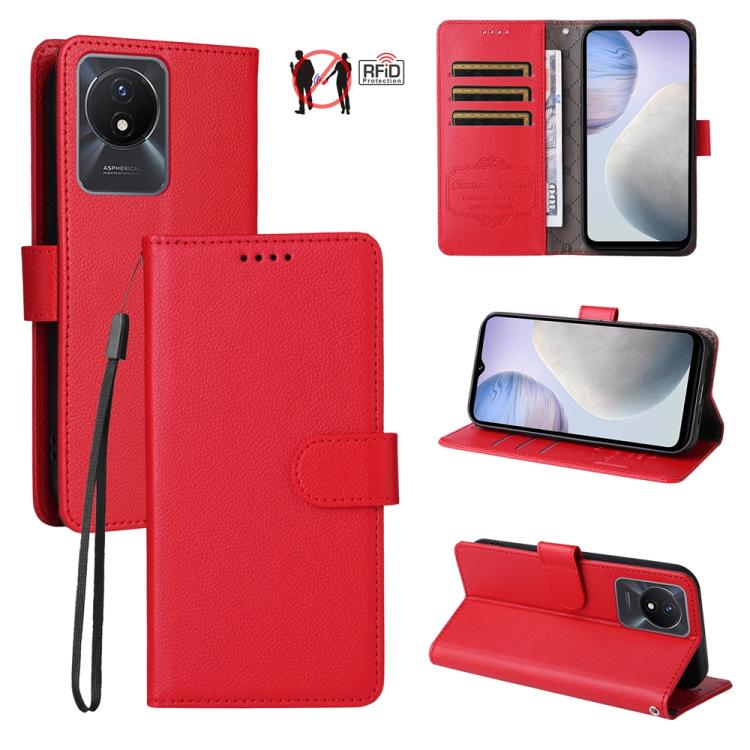 Litchi Texture RFID Blocking 3-Card Wallet Leather Phone Case, For vivo Y39 5G / vivo Y300i, For vivo Y200 India / V30 Lite 5G / V29e, For vivo V40 Lite 4G / 5G IDN / Y300 / Y200 5G, For vivo Y100 IDN / Y200e / T3 / V30 Lite ME                         ...