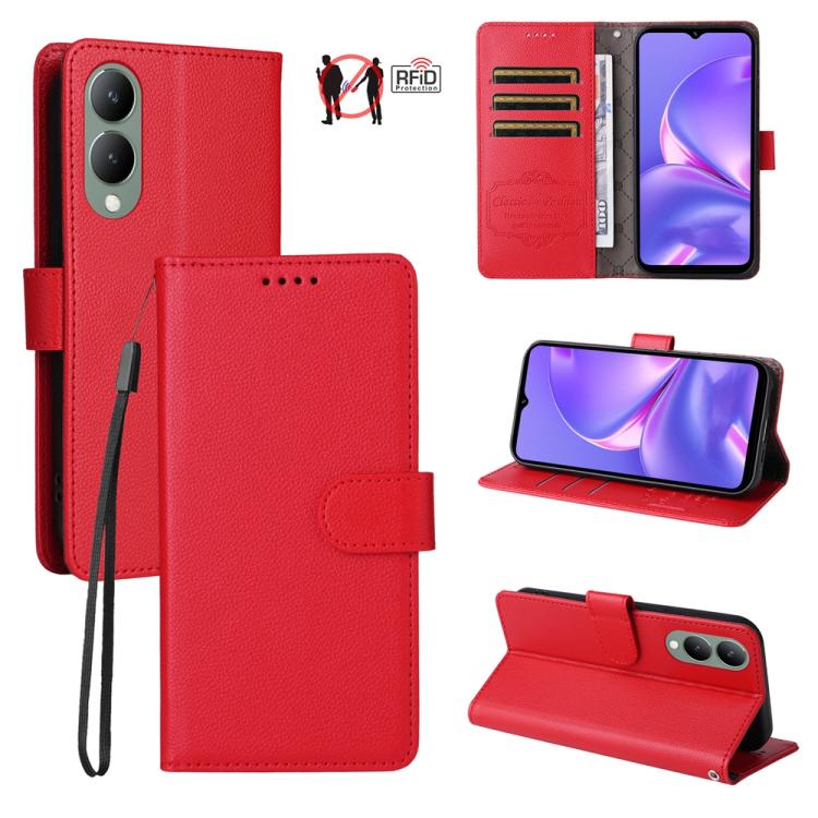 Litchi Texture RFID Blocking 3-Card Wallet Leather Phone Case, For vivo Y39 5G / vivo Y300i, For vivo Y200 India / V30 Lite 5G / V29e, For vivo V40 Lite 4G / 5G IDN / Y300 / Y200 5G, For vivo Y100 IDN / Y200e / T3 / V30 Lite ME                         ...