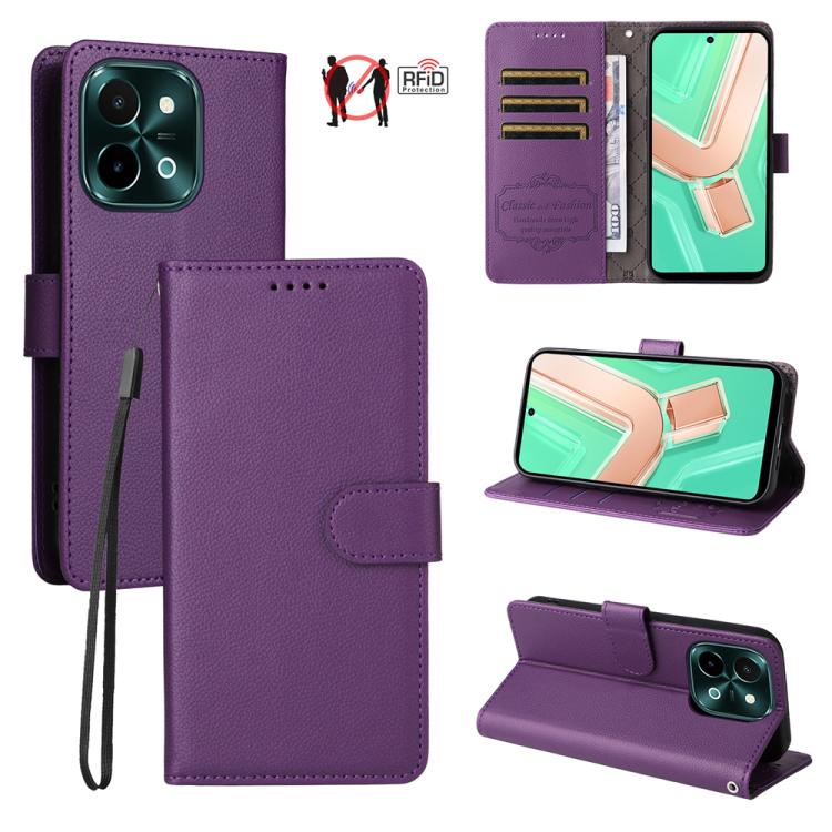 Litchi Texture RFID Blocking 3-Card Wallet Leather Phone Case, For vivo Y39 5G / vivo Y300i, For vivo Y200 India / V30 Lite 5G / V29e, For vivo V40 Lite 4G / 5G IDN / Y300 / Y200 5G, For vivo Y100 IDN / Y200e / T3 / V30 Lite ME                         ...