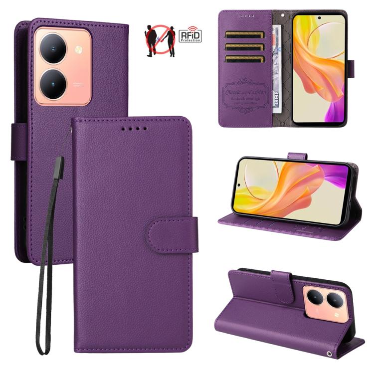 Litchi Texture RFID Blocking 3-Card Wallet Leather Phone Case, For vivo Y39 5G / vivo Y300i, For vivo Y200 India / V30 Lite 5G / V29e, For vivo V40 Lite 4G / 5G IDN / Y300 / Y200 5G, For vivo Y100 IDN / Y200e / T3 / V30 Lite ME                         ...