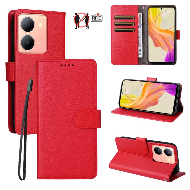 Litchi Texture RFID Blocking 3-Card Wallet Leather Phone Case, For vivo Y39 5G / vivo Y300i, For vivo Y200 India / V30 Lite 5G / V29e, For vivo V40 Lite 4G / 5G IDN / Y300 / Y200 5G, For vivo Y100 IDN / Y200e / T3 / V30 Lite ME                         ...