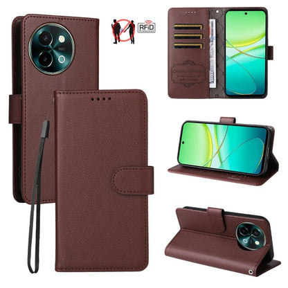 Litchi Texture RFID Blocking 3-Card Wallet Leather Phone Case, For vivo Y39 5G / vivo Y300i, For vivo Y200 India / V30 Lite 5G / V29e, For vivo V40 Lite 4G / 5G IDN / Y300 / Y200 5G, For vivo Y100 IDN / Y200e / T3 / V30 Lite ME                         ...