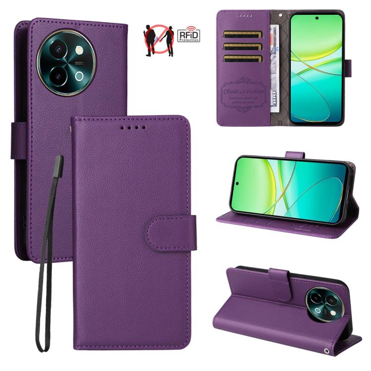 Litchi Texture RFID Blocking 3-Card Wallet Leather Phone Case, For vivo Y39 5G / vivo Y300i, For vivo Y200 India / V30 Lite 5G / V29e, For vivo V40 Lite 4G / 5G IDN / Y300 / Y200 5G, For vivo Y100 IDN / Y200e / T3 / V30 Lite ME                         ...