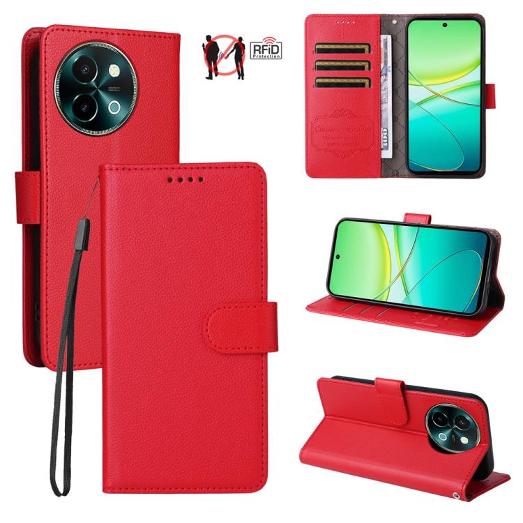 Litchi Texture RFID Blocking 3-Card Wallet Leather Phone Case, For vivo Y39 5G / vivo Y300i, For vivo Y200 India / V30 Lite 5G / V29e, For vivo V40 Lite 4G / 5G IDN / Y300 / Y200 5G, For vivo Y100 IDN / Y200e / T3 / V30 Lite ME                         ...