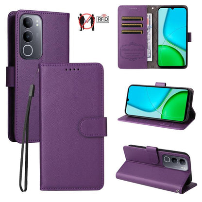 Litchi Texture RFID Blocking 3-Card Wallet Leather Phone Case, For vivo Y39 5G / vivo Y300i, For vivo Y200 India / V30 Lite 5G / V29e, For vivo V40 Lite 4G / 5G IDN / Y300 / Y200 5G, For vivo Y100 IDN / Y200e / T3 / V30 Lite ME                         ...