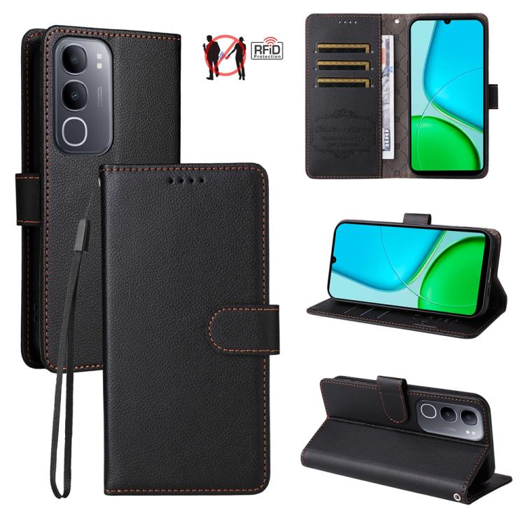 Litchi Texture RFID Blocking 3-Card Wallet Leather Phone Case, For vivo Y39 5G / vivo Y300i, For vivo Y200 India / V30 Lite 5G / V29e, For vivo V40 Lite 4G / 5G IDN / Y300 / Y200 5G, For vivo Y100 IDN / Y200e / T3 / V30 Lite ME                         ...
