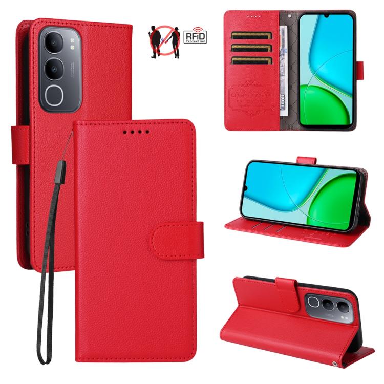 Litchi Texture RFID Blocking 3-Card Wallet Leather Phone Case, For vivo Y39 5G / vivo Y300i, For vivo Y200 India / V30 Lite 5G / V29e, For vivo V40 Lite 4G / 5G IDN / Y300 / Y200 5G, For vivo Y100 IDN / Y200e / T3 / V30 Lite ME                         ...