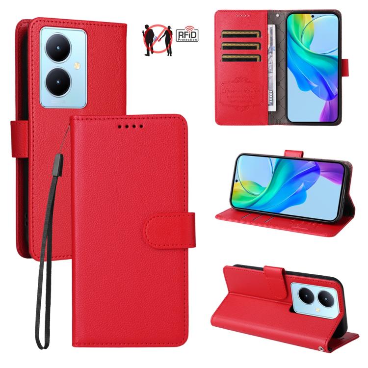 Litchi Texture RFID Blocking 3-Card Wallet Leather Phone Case, For vivo Y39 5G / vivo Y300i, For vivo Y200 India / V30 Lite 5G / V29e, For vivo V40 Lite 4G / 5G IDN / Y300 / Y200 5G, For vivo Y100 IDN / Y200e / T3 / V30 Lite ME                         ...