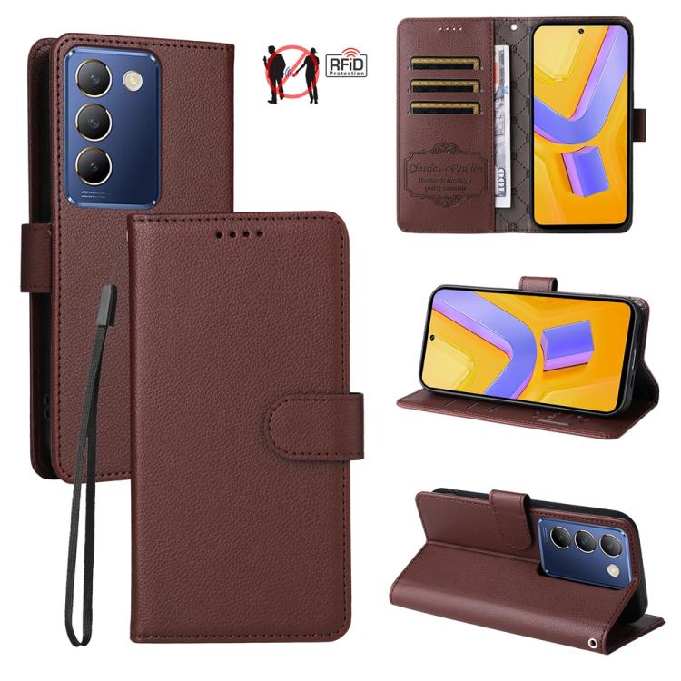 Litchi Texture RFID Blocking 3-Card Wallet Leather Phone Case, For vivo Y39 5G / vivo Y300i, For vivo Y200 India / V30 Lite 5G / V29e, For vivo V40 Lite 4G / 5G IDN / Y300 / Y200 5G, For vivo Y100 IDN / Y200e / T3 / V30 Lite ME                         ...