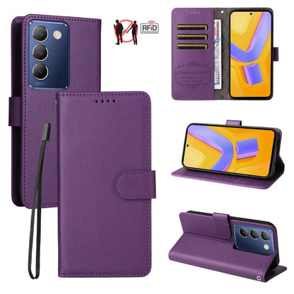 Litchi Texture RFID Blocking 3-Card Wallet Leather Phone Case, For vivo Y39 5G / vivo Y300i, For vivo Y200 India / V30 Lite 5G / V29e, For vivo V40 Lite 4G / 5G IDN / Y300 / Y200 5G, For vivo Y100 IDN / Y200e / T3 / V30 Lite ME                         ...