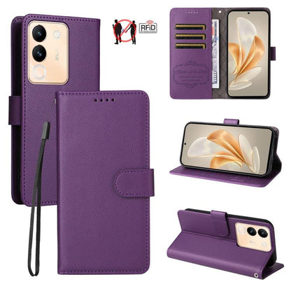 Litchi Texture RFID Blocking 3-Card Wallet Leather Phone Case, For vivo Y39 5G / vivo Y300i, For vivo Y200 India / V30 Lite 5G / V29e, For vivo V40 Lite 4G / 5G IDN / Y300 / Y200 5G, For vivo Y100 IDN / Y200e / T3 / V30 Lite ME                         ...