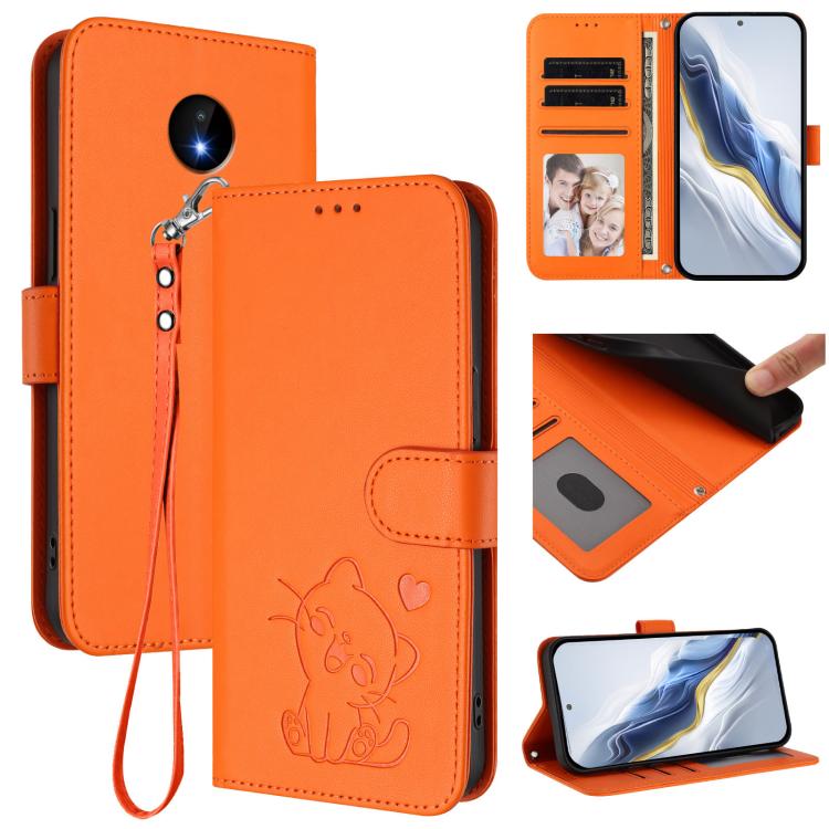 Embossed Heart Cat Leather Phone Case with Hand Strap, For Nokia G21 4G / G11 4G, For Nokia C30, For Nokia XR20, For Nokia C20 / C10