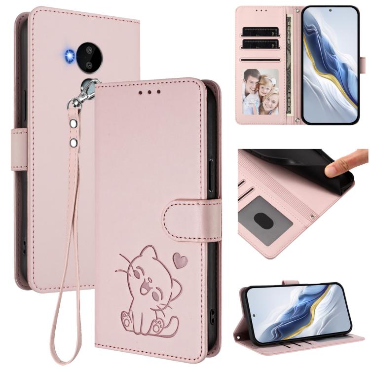 Embossed Heart Cat Leather Phone Case with Hand Strap, For Nokia G21 4G / G11 4G, For Nokia C30, For Nokia XR20, For Nokia C20 / C10