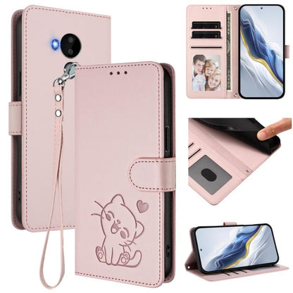 Embossed Heart Cat Leather Phone Case with Hand Strap, For Nokia G21 4G / G11 4G, For Nokia C30, For Nokia XR20, For Nokia C20 / C10