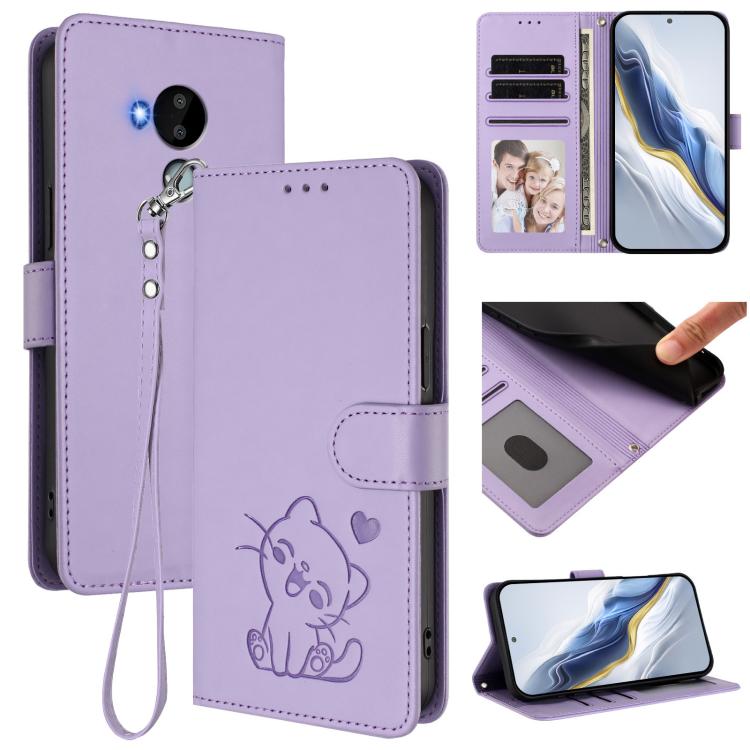 Embossed Heart Cat Leather Phone Case with Hand Strap, For Nokia G21 4G / G11 4G, For Nokia C30, For Nokia XR20, For Nokia C20 / C10
