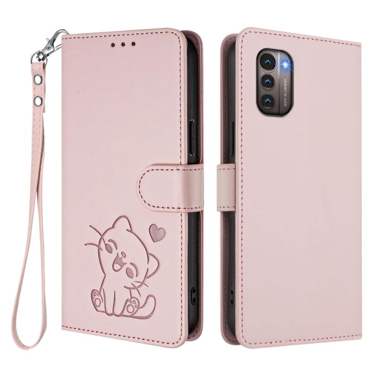 Embossed Heart Cat Leather Phone Case with Hand Strap, For Nokia G21 4G / G11 4G, For Nokia C30, For Nokia XR20, For Nokia C20 / C10