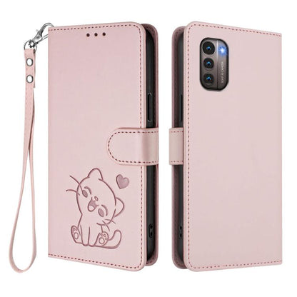 Embossed Heart Cat Leather Phone Case with Hand Strap, For Nokia G21 4G / G11 4G, For Nokia C30, For Nokia XR20, For Nokia C20 / C10