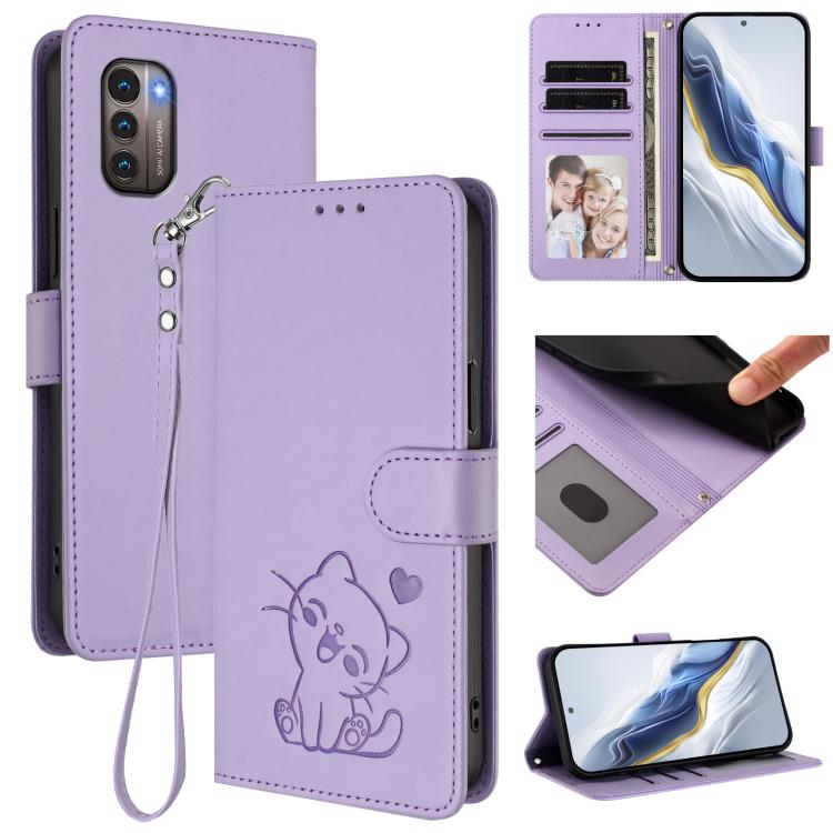 Embossed Heart Cat Leather Phone Case with Hand Strap, For Nokia G21 4G / G11 4G, For Nokia C30, For Nokia XR20, For Nokia C20 / C10