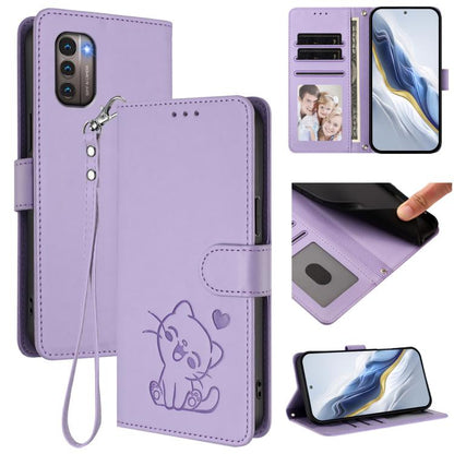 Embossed Heart Cat Leather Phone Case with Hand Strap, For Nokia G21 4G / G11 4G, For Nokia C30, For Nokia XR20, For Nokia C20 / C10