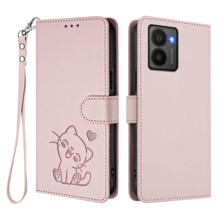 Pink leather-style flip phone case with embossed cat and heart design plus wrist strap