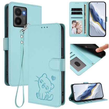 Mint green embossed cat heart leather-style flip phone case with wrist strap