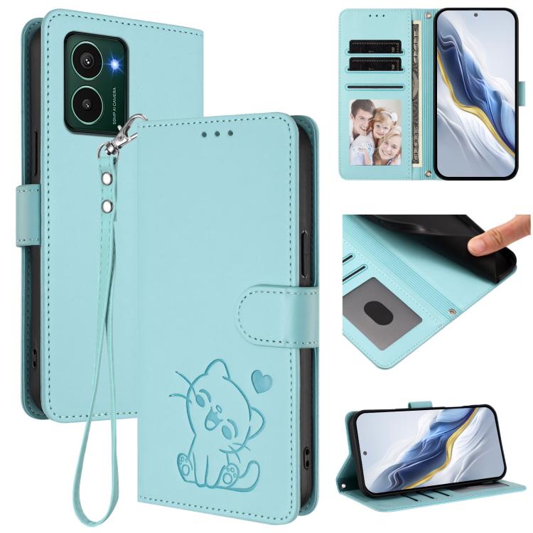 Light blue leather phone case with embossed cat, card slots, and wrist hand strap
