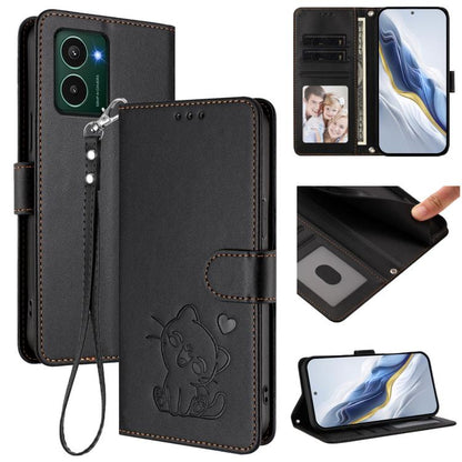 Black faux-leather phone case with embossed cat-heart design and wrist strap