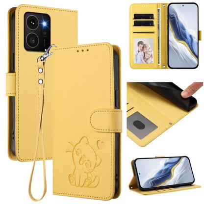 Yellow leather phone case with embossed cat, card slots, and hand strap