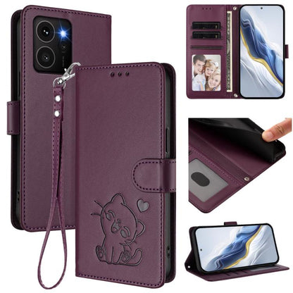 Purple leather phone case with embossed cat, card slots, and hand strap