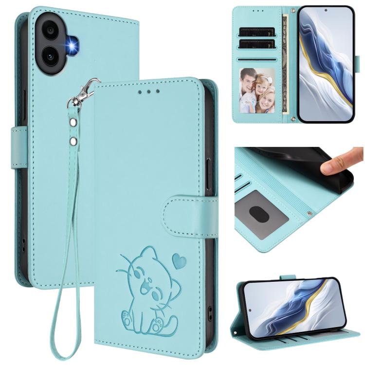 Light blue faux leather phone case with embossed cat, hand wrist strap, and card slots