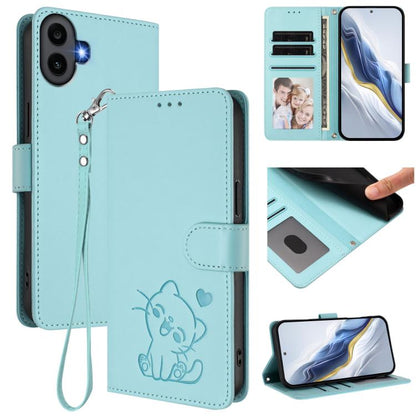 Light blue faux leather phone case with embossed cat, hand wrist strap, and card slots