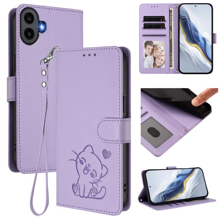 Light purple faux leather phone case with embossed cat, hand wrist strap, and card slots