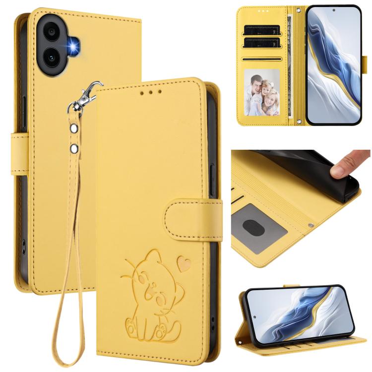 Yellow leather phone case with hand strap, embossed cat with hearts, card holder