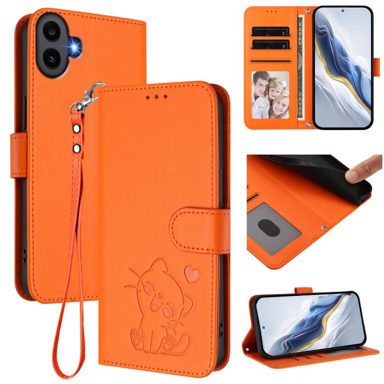 Orange leather phone case with hand strap, embossed cat with hearts, card holder