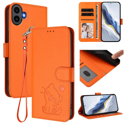 Orange leather phone case with hand strap, embossed cat with hearts, card holder