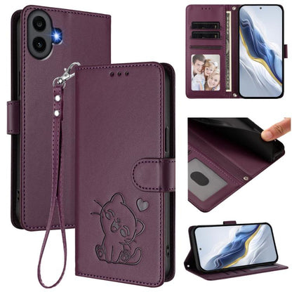Dark purple leather phone case with hand strap, embossed cat with hearts, card holder