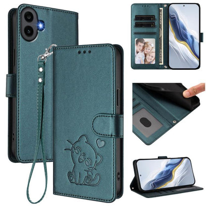 Teal leather phone case with hand strap, embossed cat with hearts, card holder