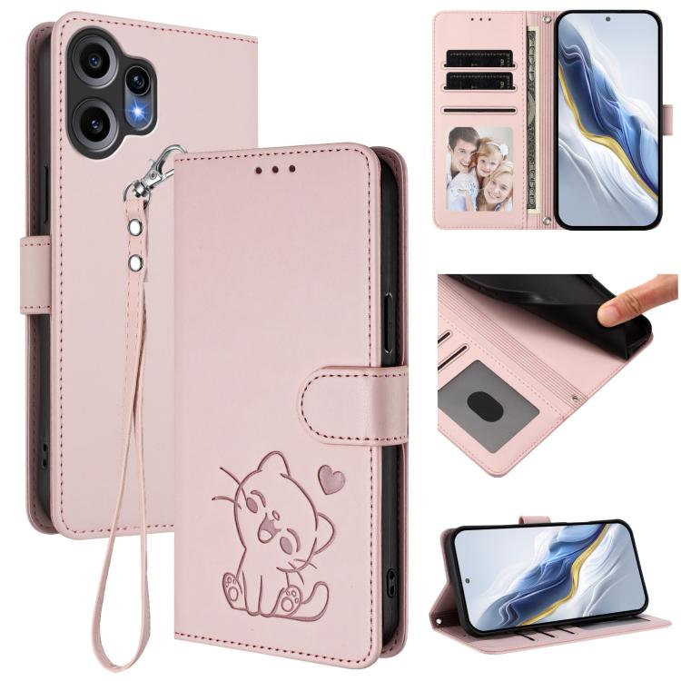 Pink leather phone case with hand strap, embossed cat design and folio cover.